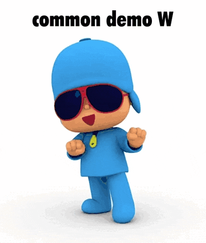 a cartoon character wearing sunglasses and a blue hat with the words common demo w above him