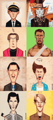 a collage of cartoon faces including a man in a pink suit