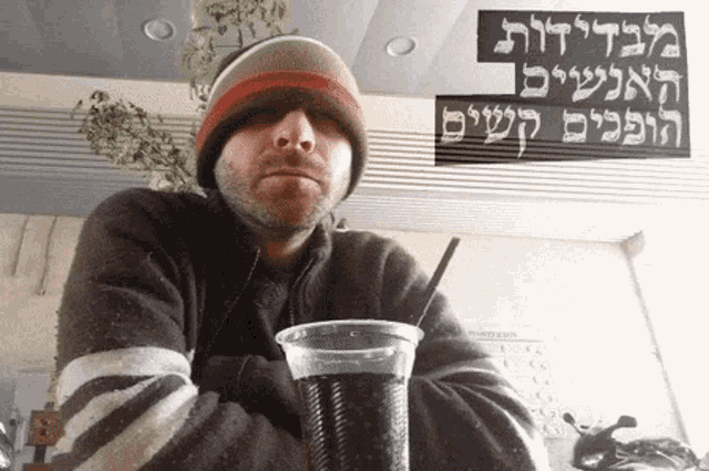 a man sitting in front of a sign that says ' hebrew '