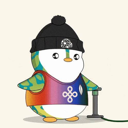 a cartoon penguin wearing a beanie and a rainbow tank top