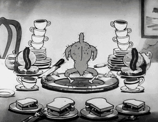 a black and white cartoon of a cactus standing on top of a table with sandwiches and cups .