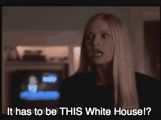 a woman with long blonde hair is standing in front of a television and says it has to be this white house