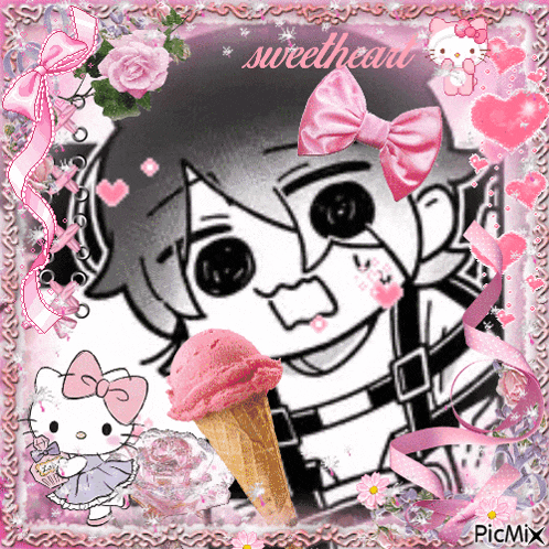 a picture of a boy with a pink ice cream cone with the words sweetheart written on it
