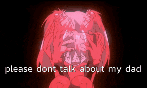 a cartoon of a girl covering her face with her hands with the words " please dont talk about my dad " below her