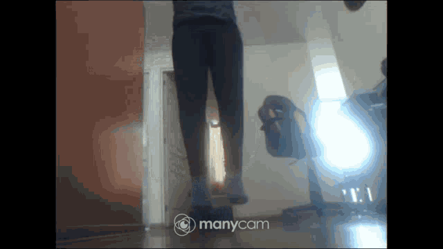 a person is jumping in a room with manycam written on the bottom