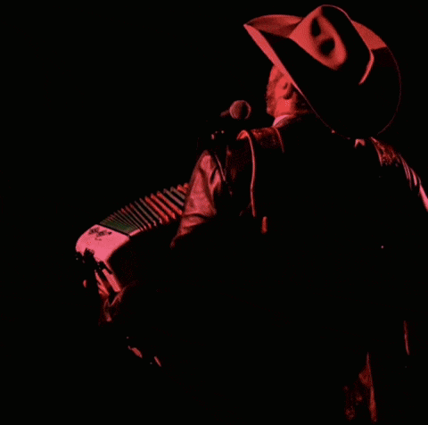 a man wearing a cowboy hat is playing an accordion