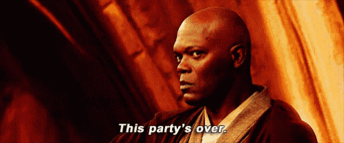 a man in a robe is saying `` this party 's over '' in a dark room .