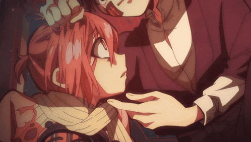 a girl with red hair is being held by a man in a kimono