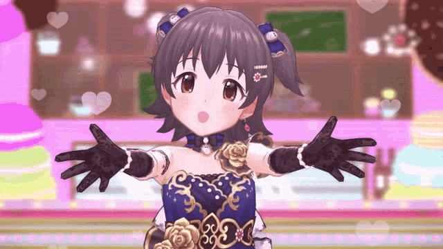 a girl in a blue and gold dress with black gloves