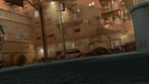 a woman with guns is kicking a basketball on a street