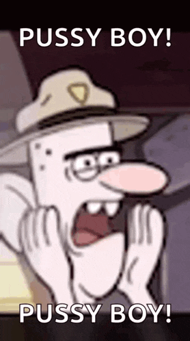 a cartoon character from gravity falls is screaming and says `` pussy boy ! pussy boy ! ''