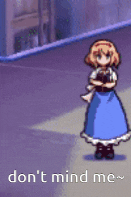 a pixel art of a girl standing on a sidewalk with the words `` don 't mind me '' written below her .