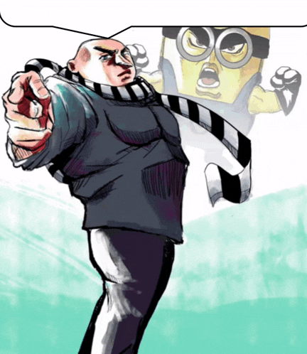 a drawing of a man with a scarf around his neck and a minion behind him