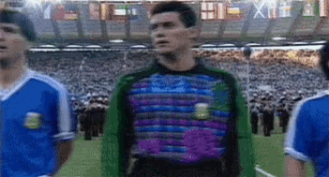 a group of soccer players are standing on a field with flags in the background including one that says xii