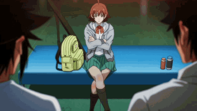 a girl is sitting on a bench with her arms crossed and a backpack on her back