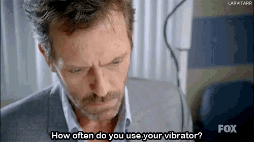 a man with a beard is asking how often do you use your vibrator .
