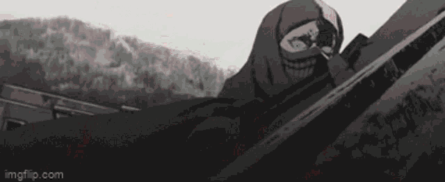 a black and white drawing of a man in a hood holding a gun .