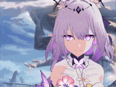 a girl with purple hair and a flower in her hair is smiling