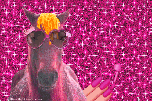a horse wearing sunglasses with the word barbie written on it