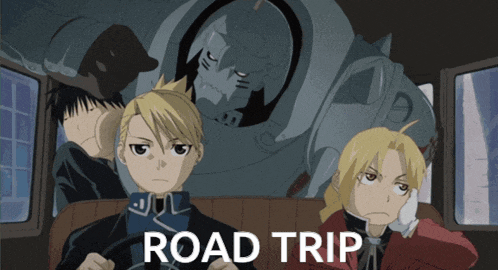 a poster for a road trip with a group of anime characters