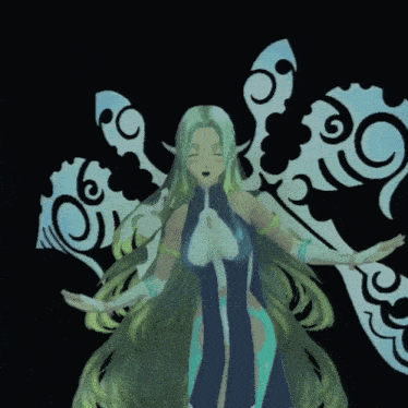 a drawing of a woman with long hair and wings with a black background