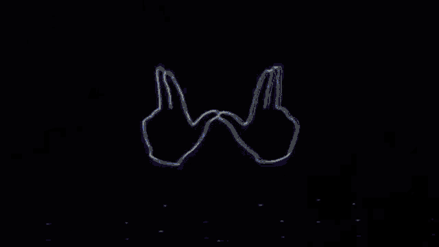 a cartoon hand is making a peace sign on a blue background .