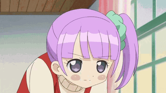 a girl with purple hair and a green bow on her hair