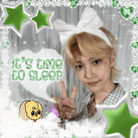 a girl giving a peace sign with a speech bubble saying it 's time to sleep