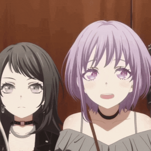 two anime girls are standing next to each other and one of them has purple hair