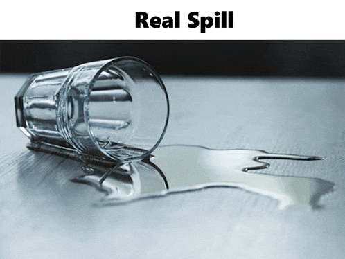 a glass of water is spilled on a table and the words real spill are above it