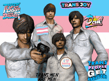 a group of men standing next to each other with a sticker that says trans joy