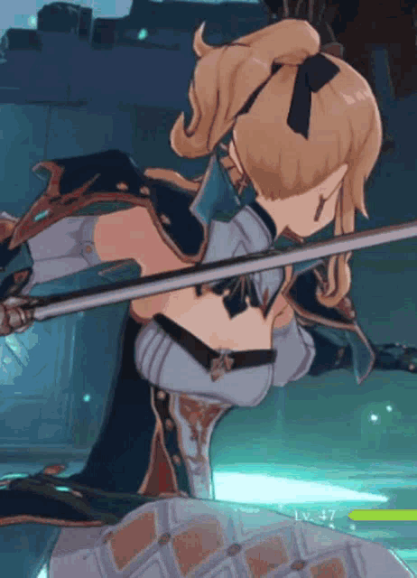 a girl in a ponytail is holding a sword in a game