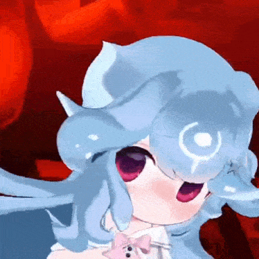 a close up of a cartoon character with blue hair and purple eyes