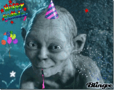 a picture of a goblin wearing a party hat with the words happy birthday on it