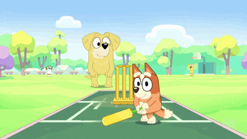 two cartoon characters are playing a game of cricket on a field with the abc logo in the background