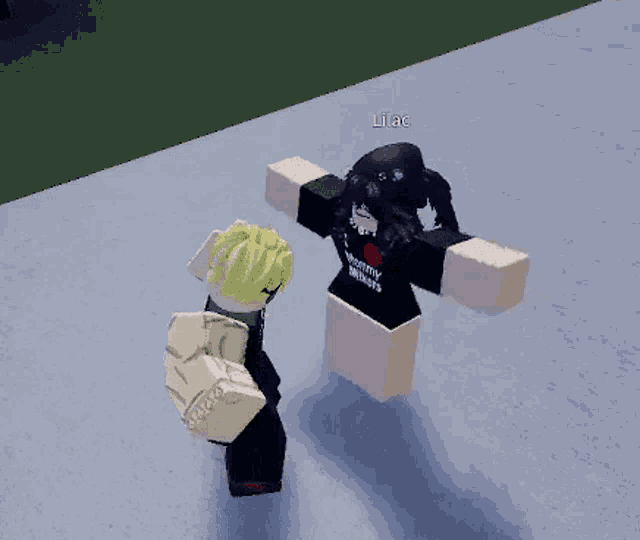 two roblox characters are standing next to each other . one of the characters is wearing a shirt that says mommy always