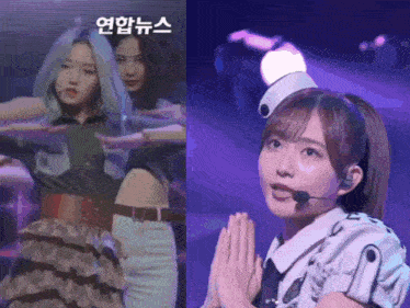 a girl with a microphone on her head and a girl with her hands folded