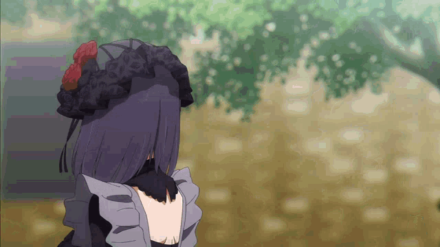 a girl with purple hair is wearing a black hat with roses on it