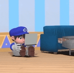 a cartoon character sitting on the floor using a laptop