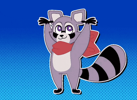a cartoon drawing of a raccoon with purple eyes