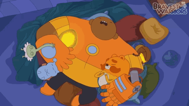 a cartoon of two bears laying on a bed with the words bravest warriors on the bottom right