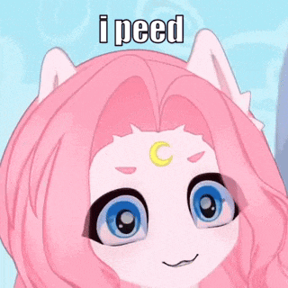 a cartoon character with pink hair and blue eyes says i peed