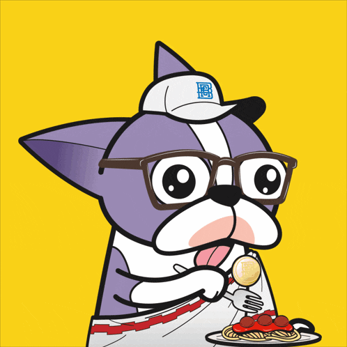 a cartoon dog wearing glasses and a hat with a chinese symbol on it eating spaghetti