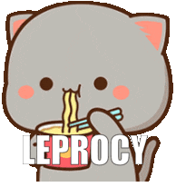 a cartoon cat is eating noodles with chopsticks and the word leprocy is written below it