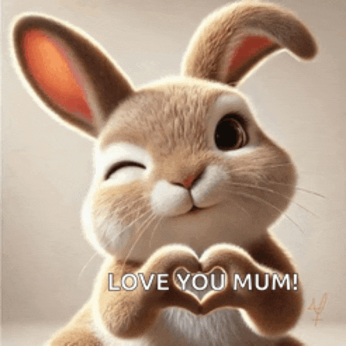 a rabbit is making a heart shape with its hands and the words love you mum