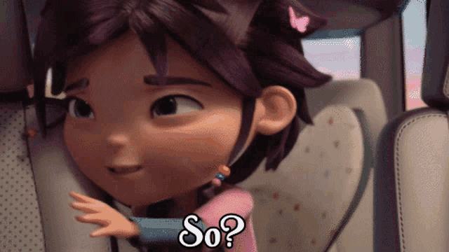 a cartoon girl is sitting in the back seat of a car with the words so on the bottom