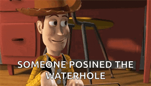 woody from toy story is sitting in front of a desk with the words someone posined the waterhole above him