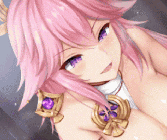 an anime girl with pink hair and purple eyes