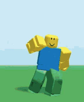 a roblox character in a blue shirt and green pants is dancing in a field