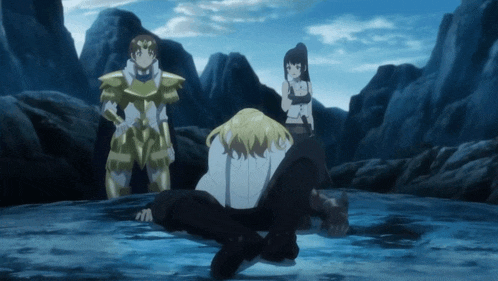 a group of anime characters are standing around a fallen man